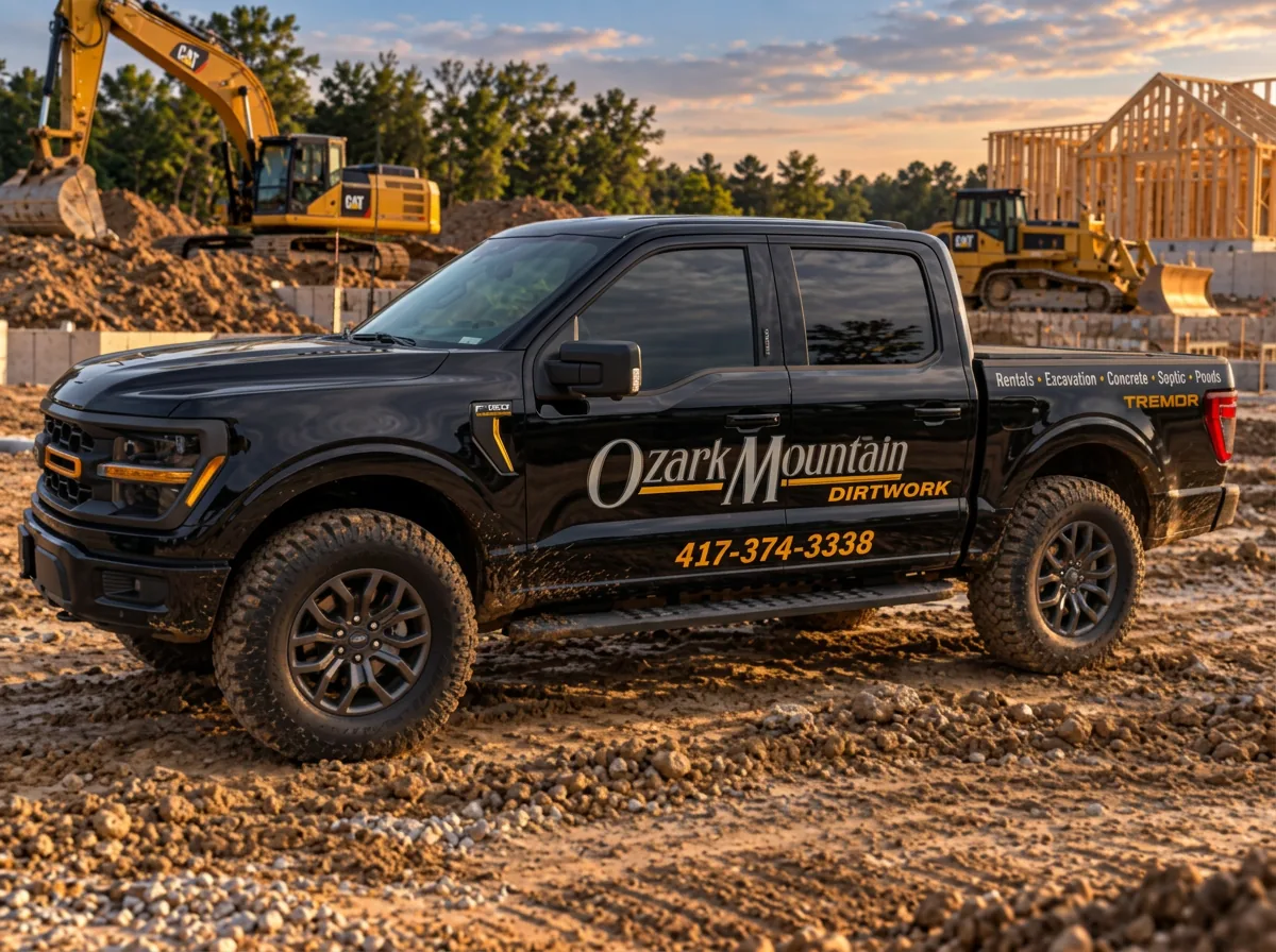 Ozark Mountain Dirtwork & Rentals excavation job site Ozark Mountain Dirtwork truck parked on a job site with an excavator, front loader, and house framing at sunset